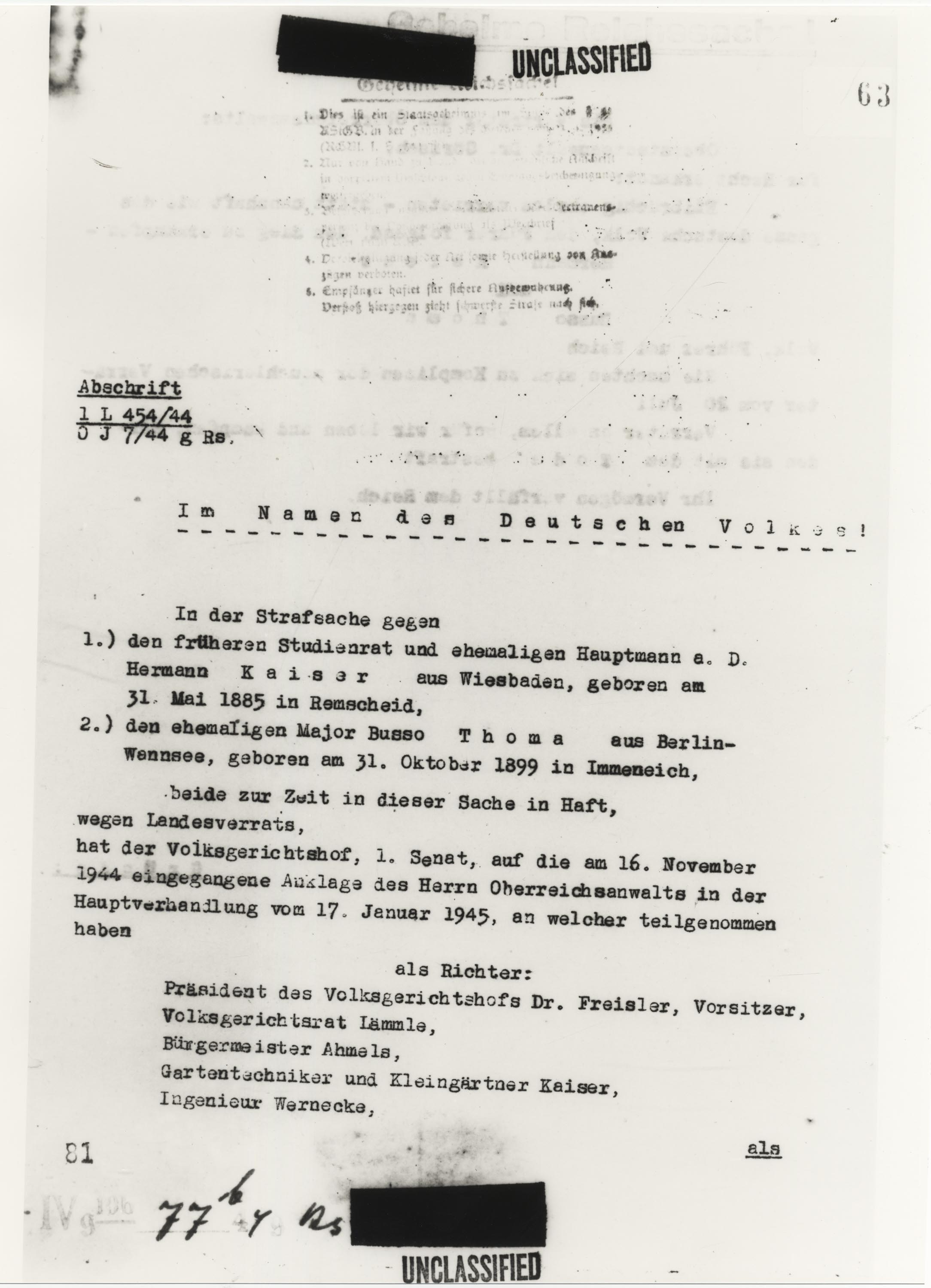 Aus dem Todesurteil des „Volksgerichtshofs“ gegen Hermann Kaiser und Busso Thoma, 17. Januar 1945
